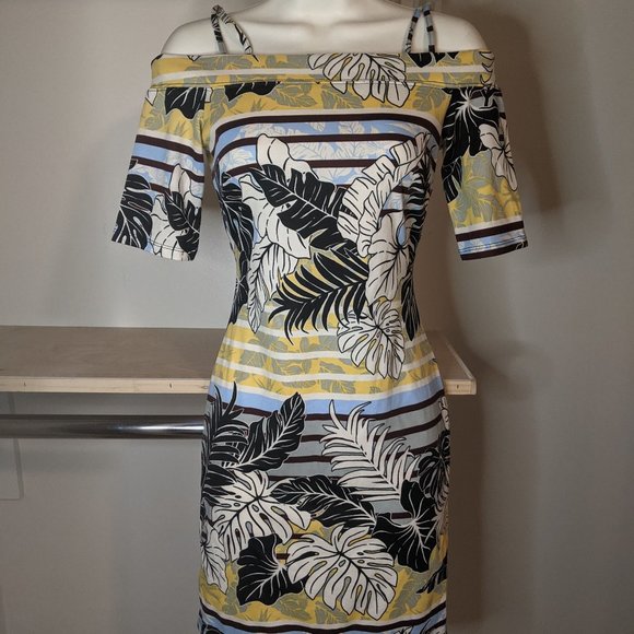 H&M Tropical Monstera Print Bodycon Off the Shoulder Dress - Picture 1 of 2